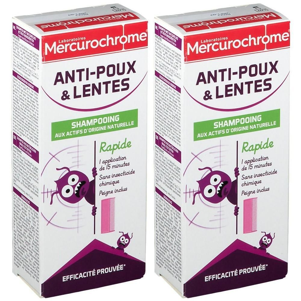 Deux boîtes de shampooing Mercurochrome Anti-Poux & Lentes. Inscription: Anti-Poux & Lentes, Shampooing, application rapide, peigne inclus.