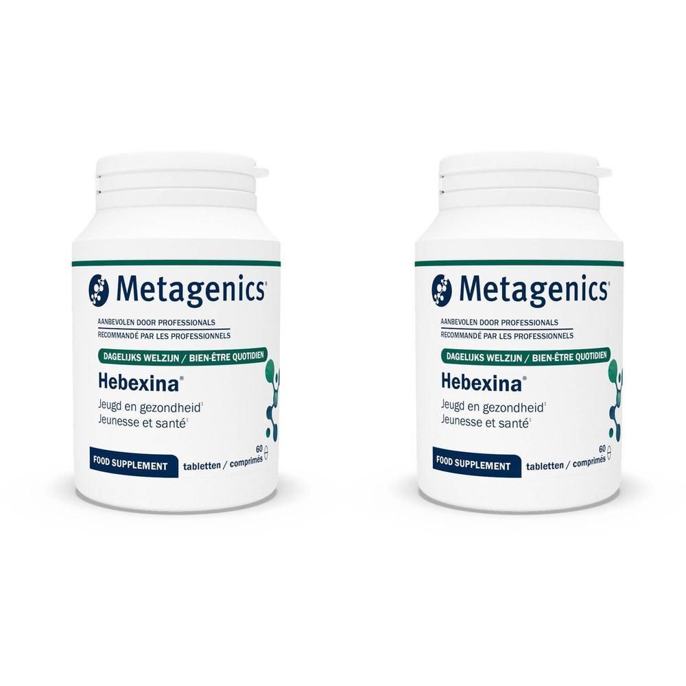 Deux flacons blancs avec l'étiquette "Hebexina" et le logo "Metagenics".