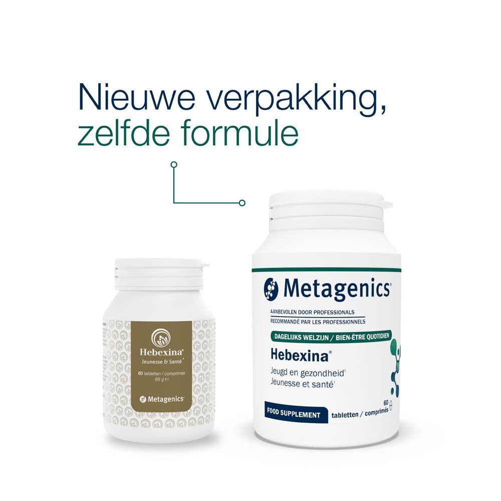 Twee flessen "Hebexina" in verschillende maten. Tekst: "Nieuwe verpakking, zelfde formule".