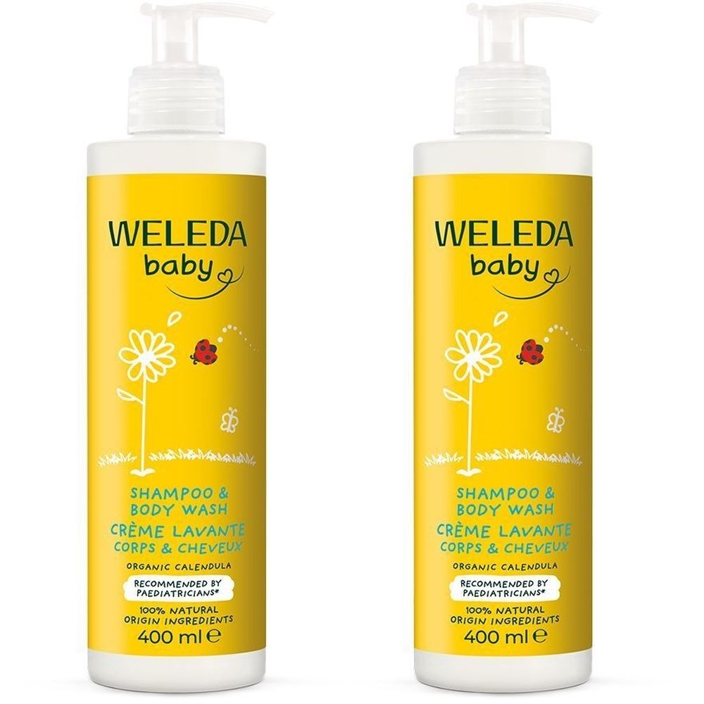 Deux flacons de Weleda Baby Shampoo & Body Wash. Étiquettes jaunes avec nom du produit, illustrations et texte. Avec pompe.
