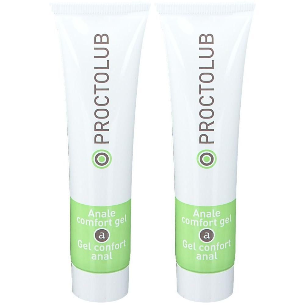 Twee witte tubes. Elke tube heeft de tekst "PROCTOLUB" en "Anale comfort gel".