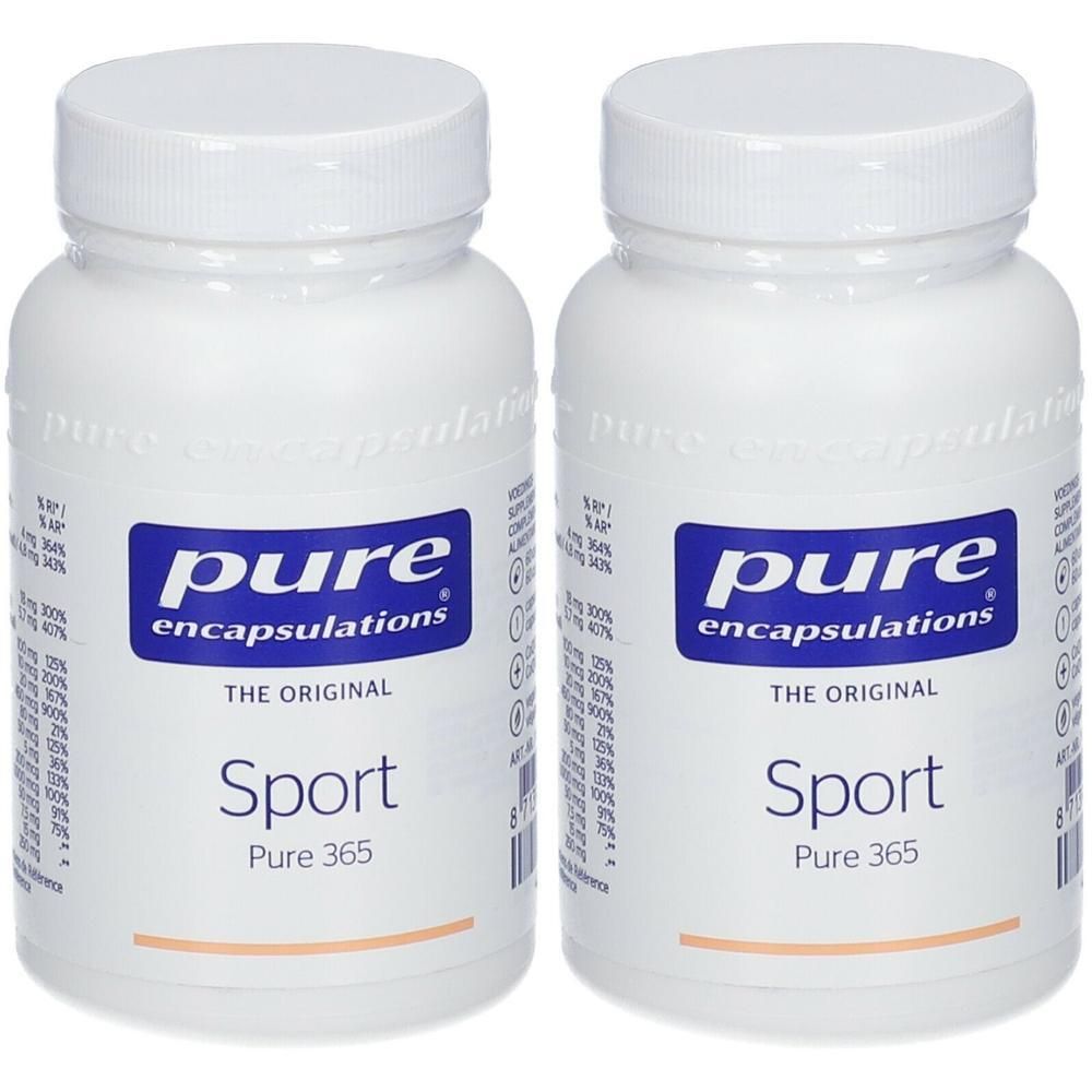 Twee witte flessen met schroefdop. Op elke fles staat "pure encapsulations Sport Pure 365". 