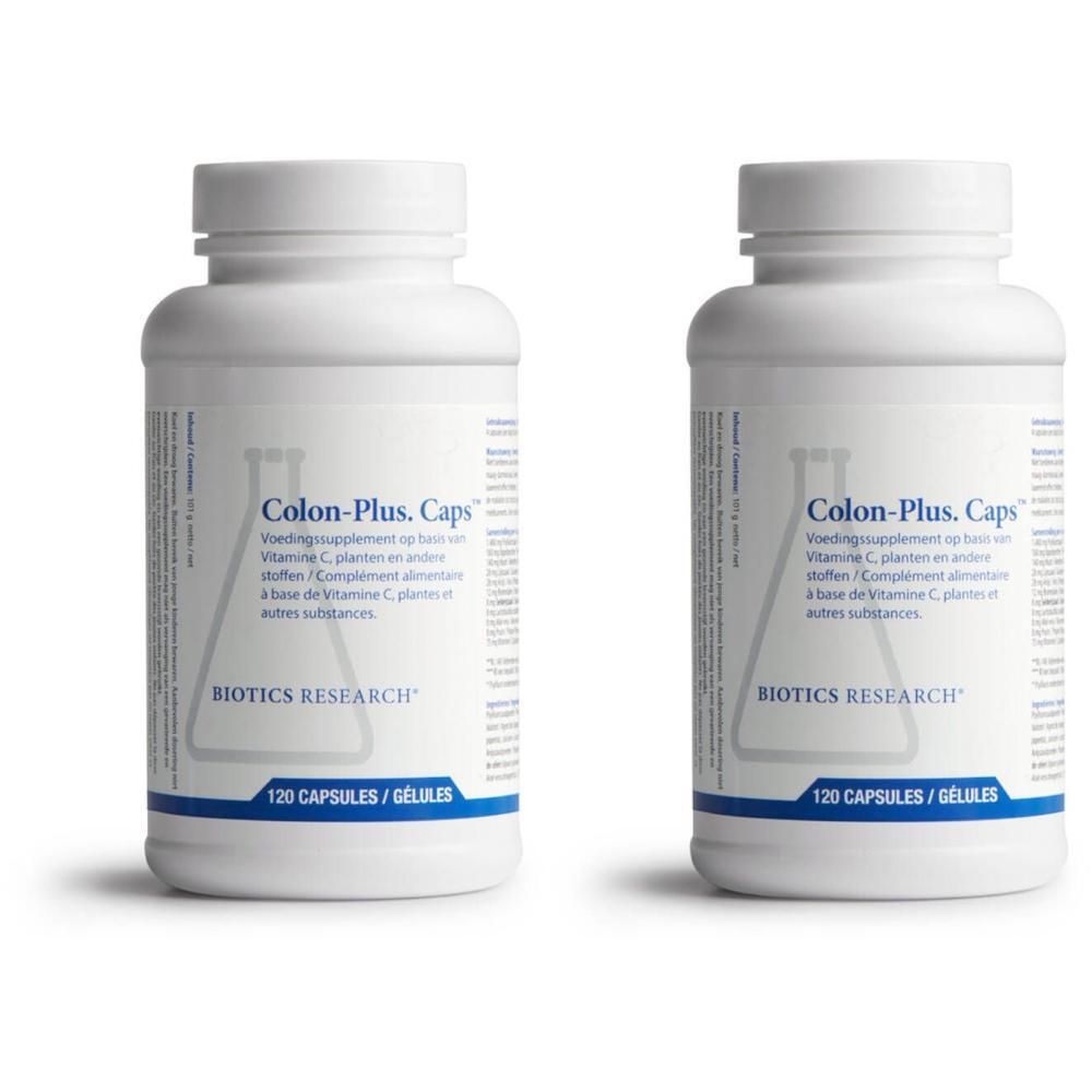 Twee witte flessen met de tekst "Colon-Plus. Caps". Opschrift "BIOTICS RESEARCH" en "120 CAPSULES / GÉLULES".
