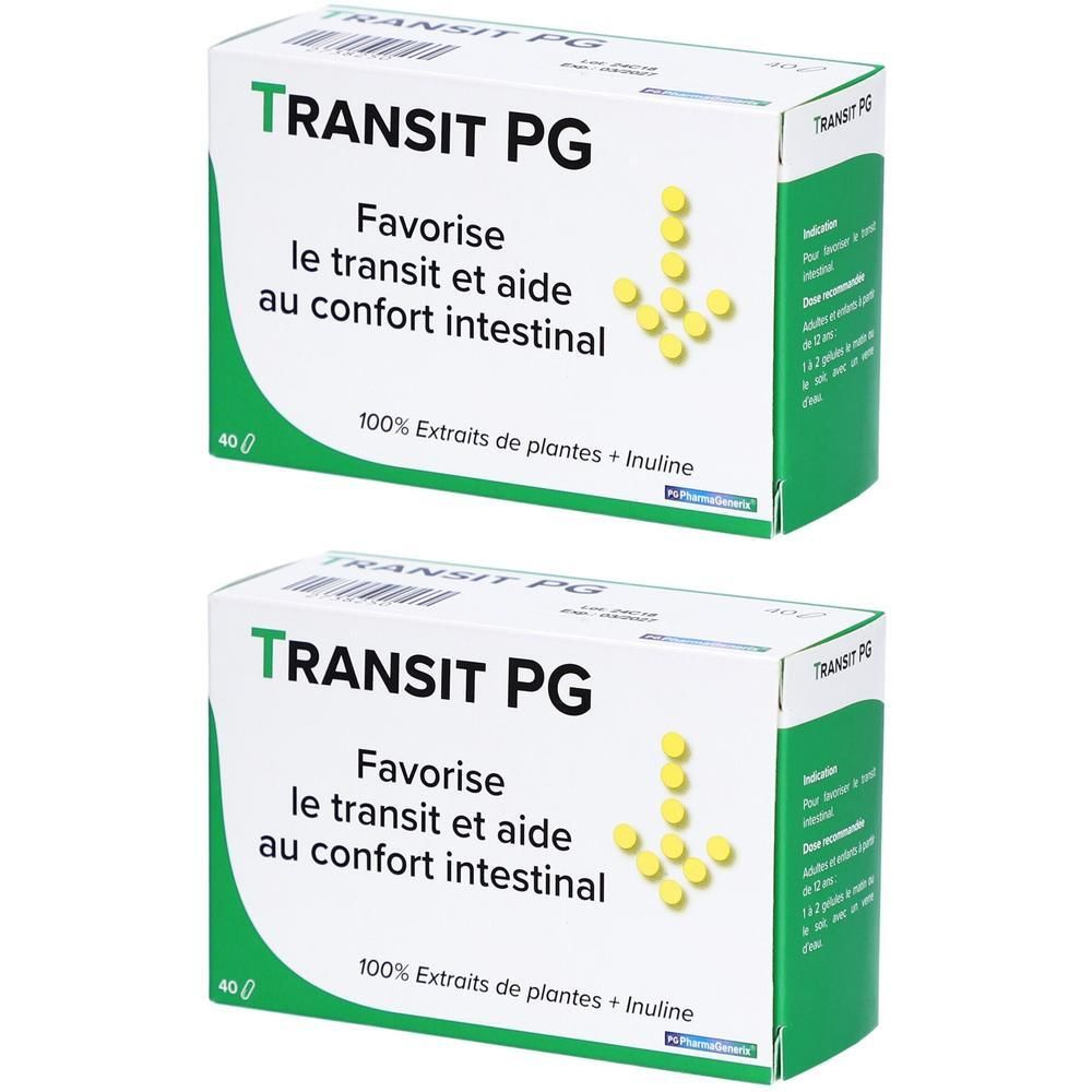 Twee dozen "TRANSIT PG". Tekst: "Bevordert de stoelgang en helpt bij darmklachten". Bevat plantenextracten en inuline.