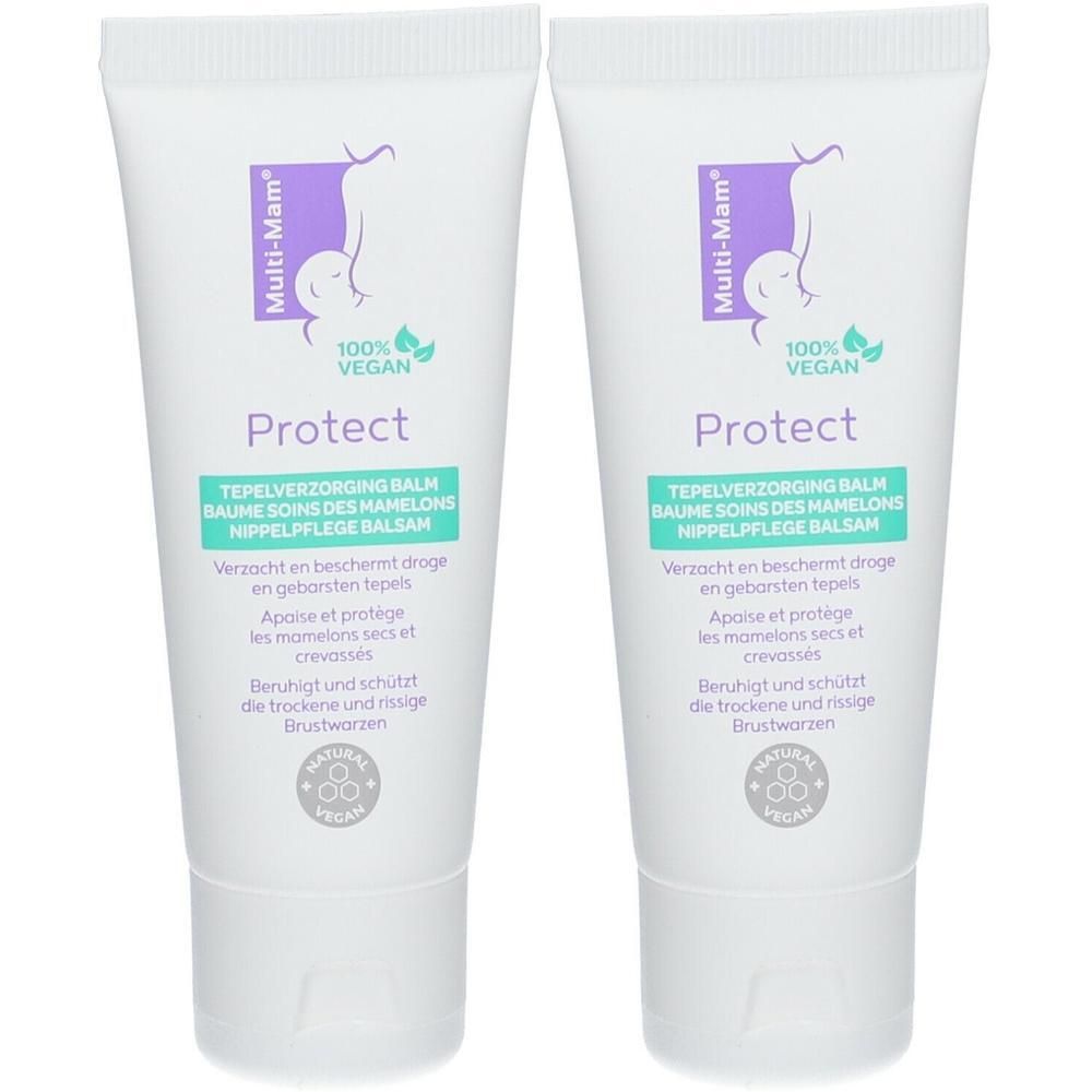 Deux tubes de Multi-Mam Protect. Tubes blancs avec logo violet et nom du produit. Texte en allemand, français et néerlandais.