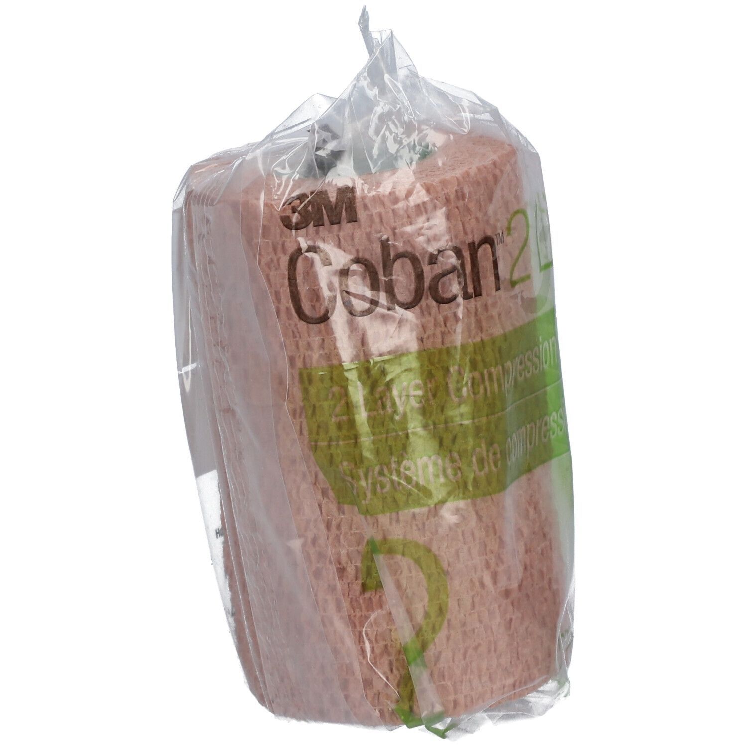 Bande de compression 3M Coban 2 Lite, emballée. Inscription visible : nom du produit, éléments verts et bruns.