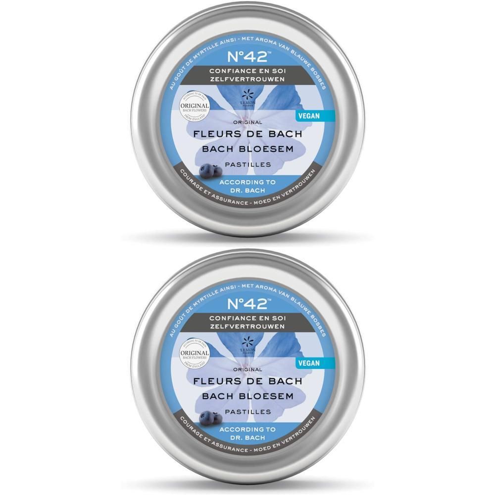 Twee ronde metalen blikken. Opschrift: N°42, Confiance en soi, Fleurs de Bach, Pastilles. Blauw etiket met bloemmotief.