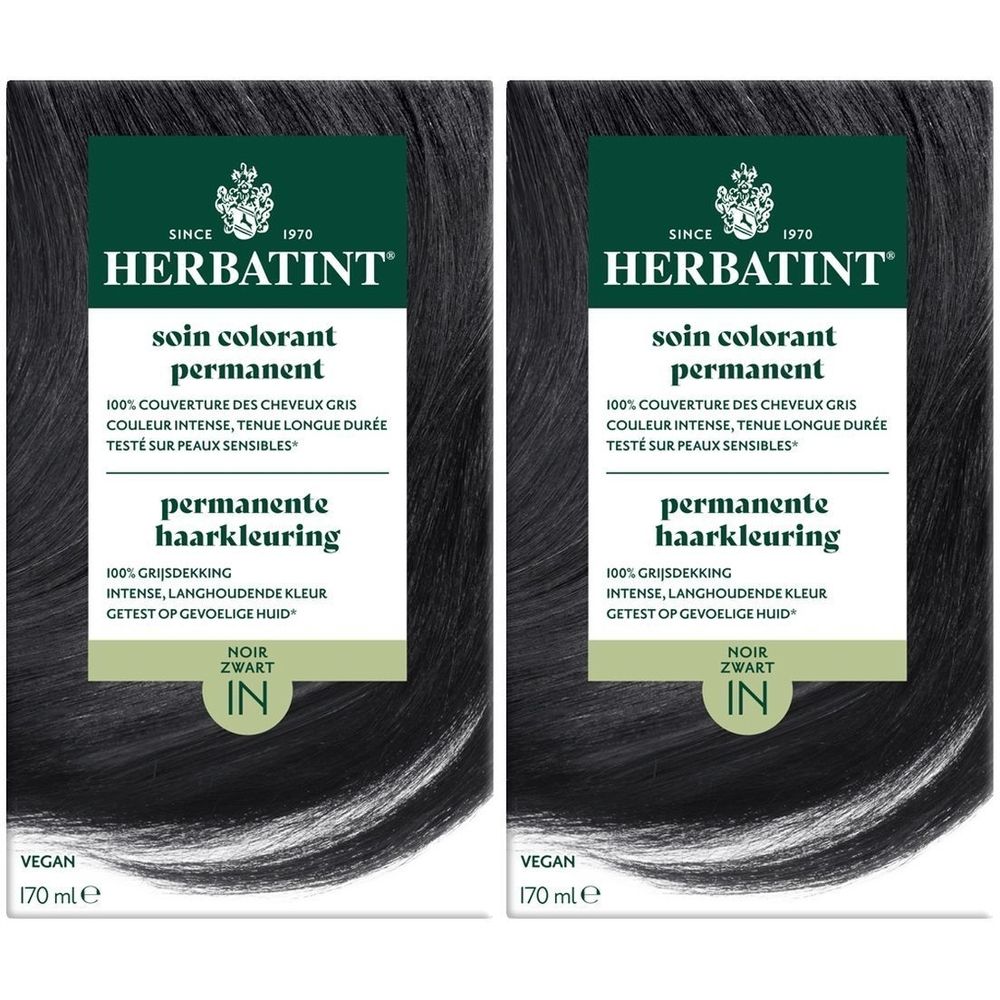 Deux boîtes de Herbatint Coloration Permanente 1N Noir. Coloration capillaire noire avec texte sur l'emballage. Vegan, 170 ml.
