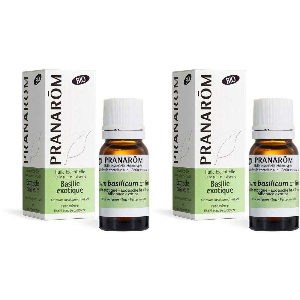 Deux flacons et boîtes Pranarôm. Étiquette : Huile essentielle, Basilic exotique. Label Bio.