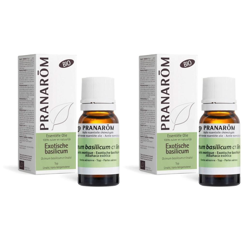 Twee flessen en dozen Pranarôm. Label: Essentiële olie, Basilicum exotique. Bio-certificering.