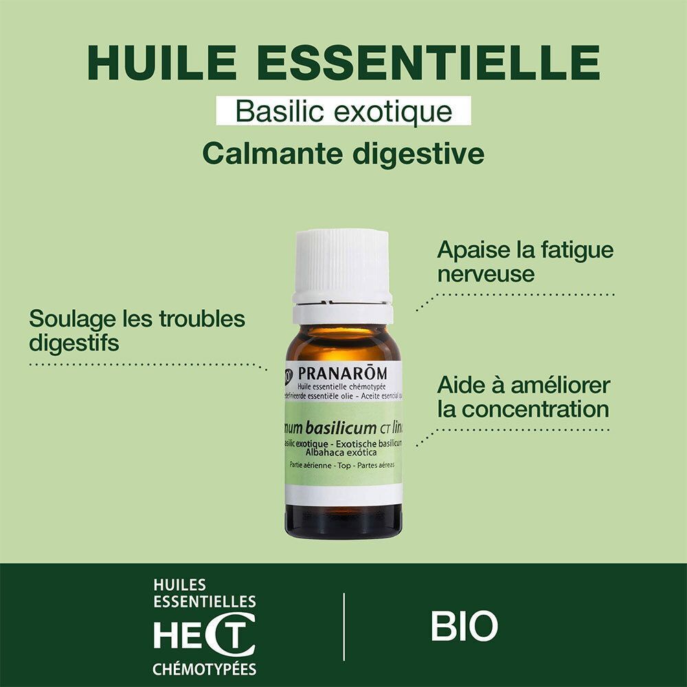 Flacon avec étiquette : Huile Essentielle, Basilic exotique. Texte : Calmant digestive. Certification Bio.