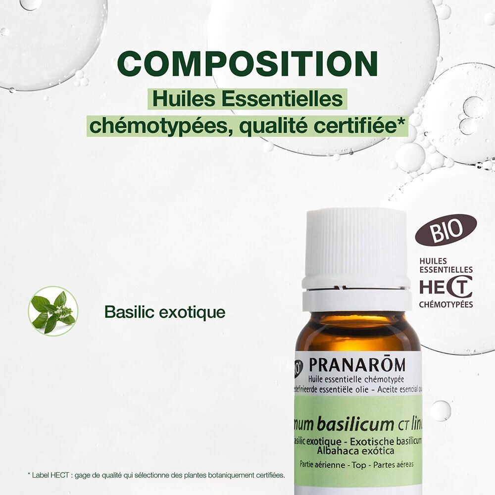 Flacon avec étiquette : Basilic exotique. Texte : Huiles Essentielles chémotypées, qualité certifiée. Label Bio.