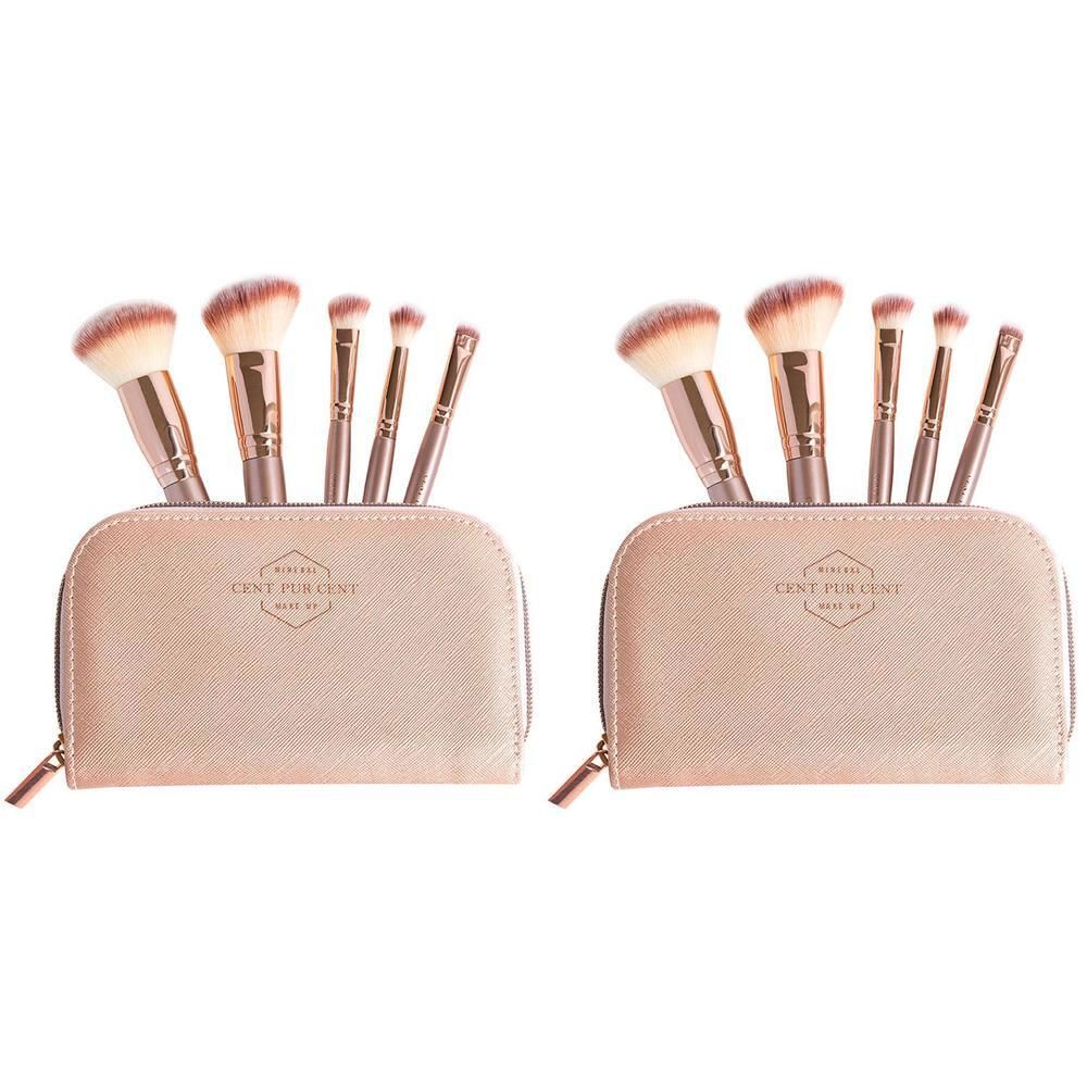 Deux trousses de maquillage avec pinceaux. Étui rose clair zippé, manches dorés et pinceaux. Inscription : Cent Pur Cent.