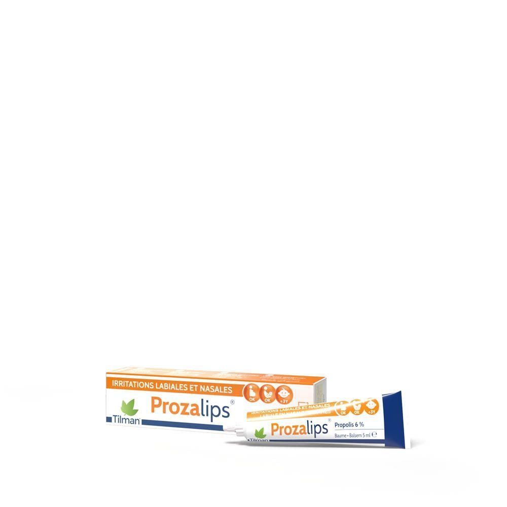 Une boîte et un tube Prozalips®. Boîte orange avec texte bleu. Tube avec bouchon bleu.