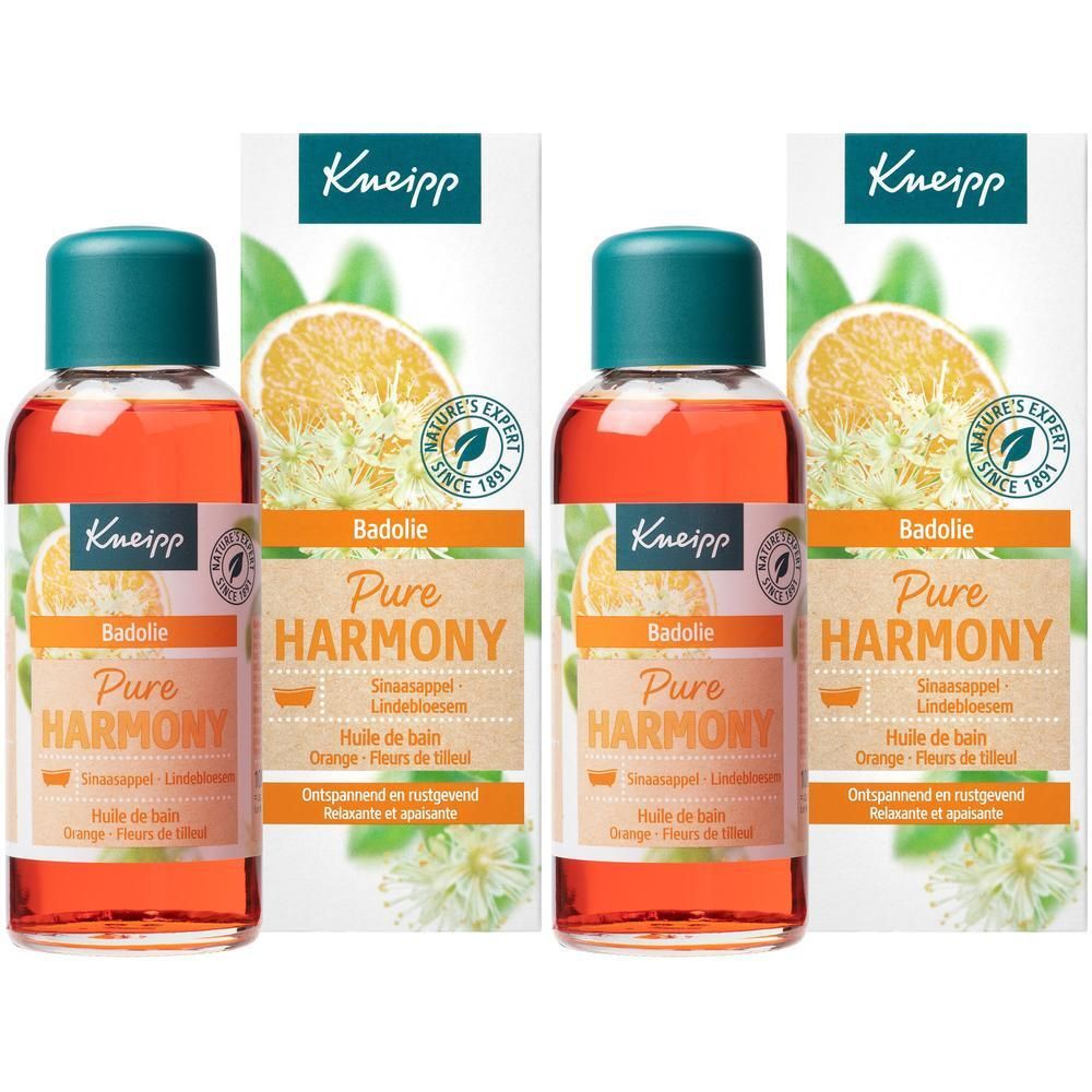 Plusieurs flacons d'huile orange avec bouchons verts. Emballage avec nom du produit et logo.