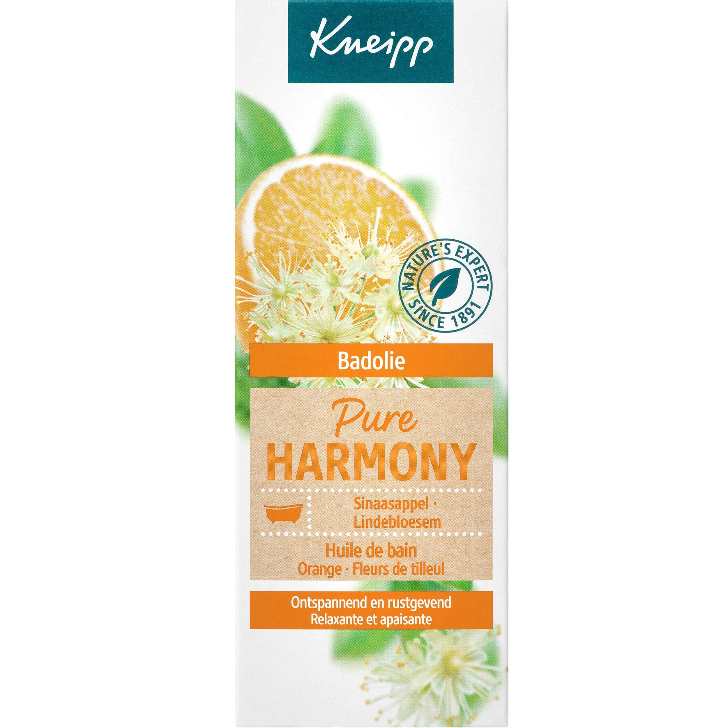 Emballage du produit avec nom, logo et illustration d'orange et de fleurs.