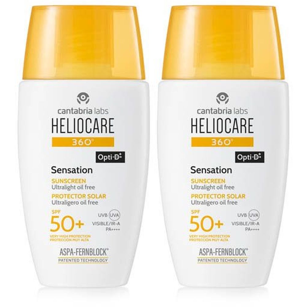 Deux flacons blancs avec bouchons jaunes. Inscription: Heliocare 360°, Sensation, écran solaire, SPF 50+. Opti-D.