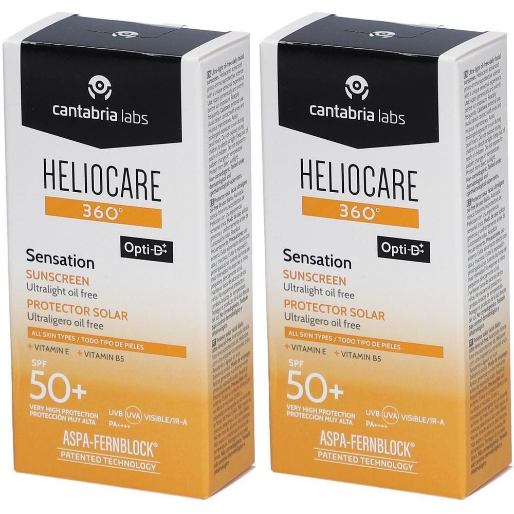 Deux boîtes rectangulaires. Inscription: Heliocare 360°, Sensation, SPF 50+, Protection solaire ultra-légère sans huile.