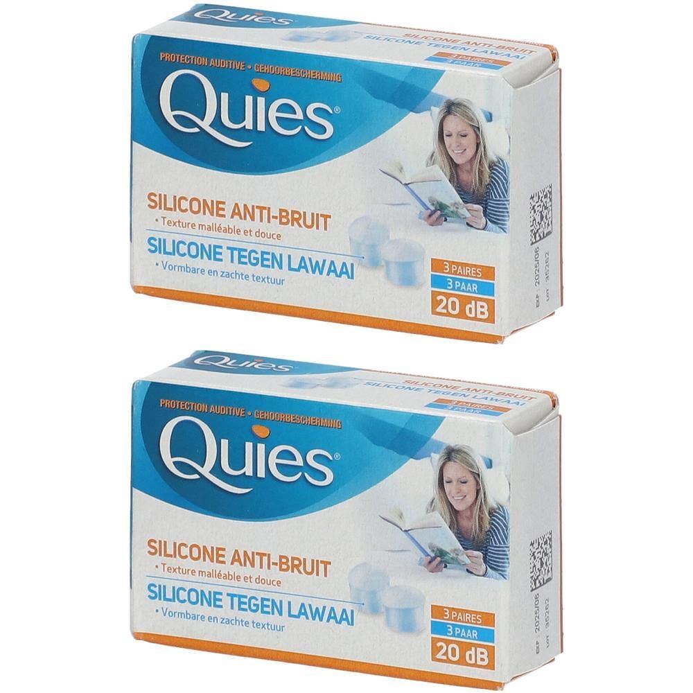Twee dozen Quies oordopjes. Opschrift: Silicone Anti-Bruit, 3 paar, 20 dB. Afbeelding van een lezende vrouw.