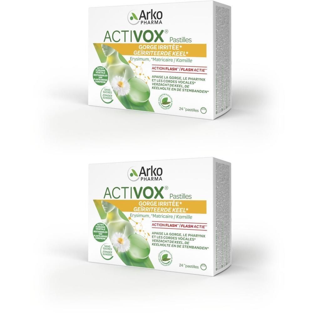Twee dozen Activox pastilles. Opschrift: Arko Pharma, Activox, GERRITEERDE KEEL. 36 pastilles. Illustratie van een bloem.