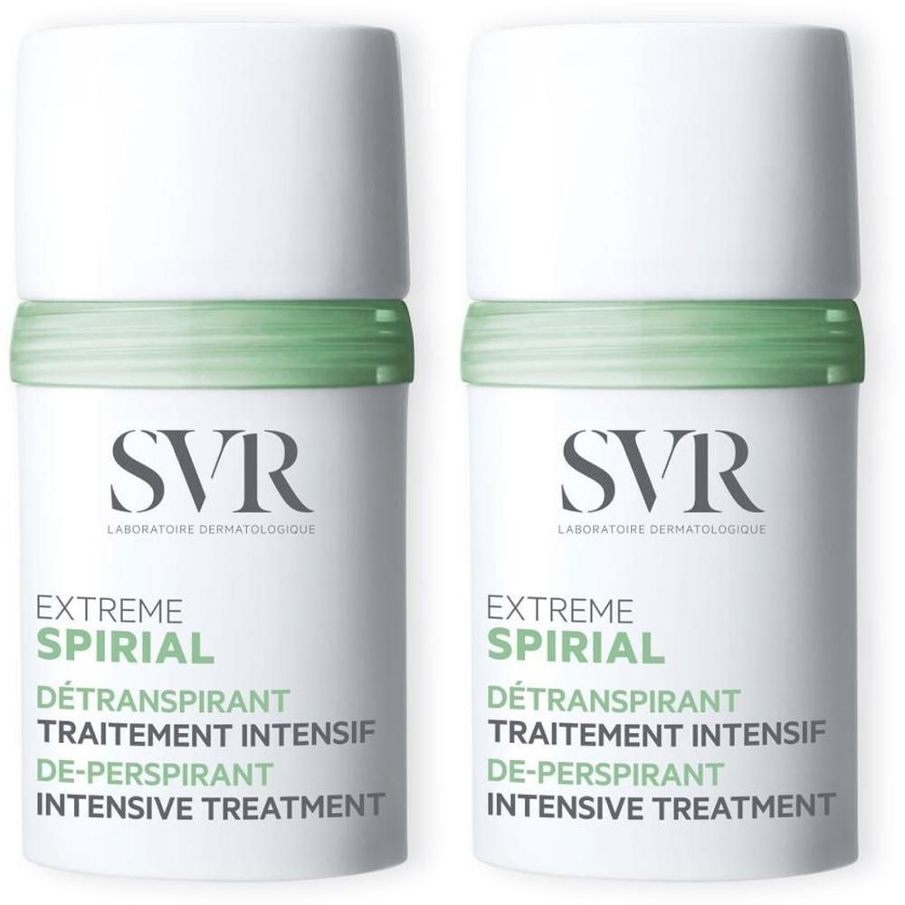 Twee witte deodorantflacons met groene accenten. Opschrift: SVR, Spirial Extreme, antitranspirant, intensieve behandeling.
