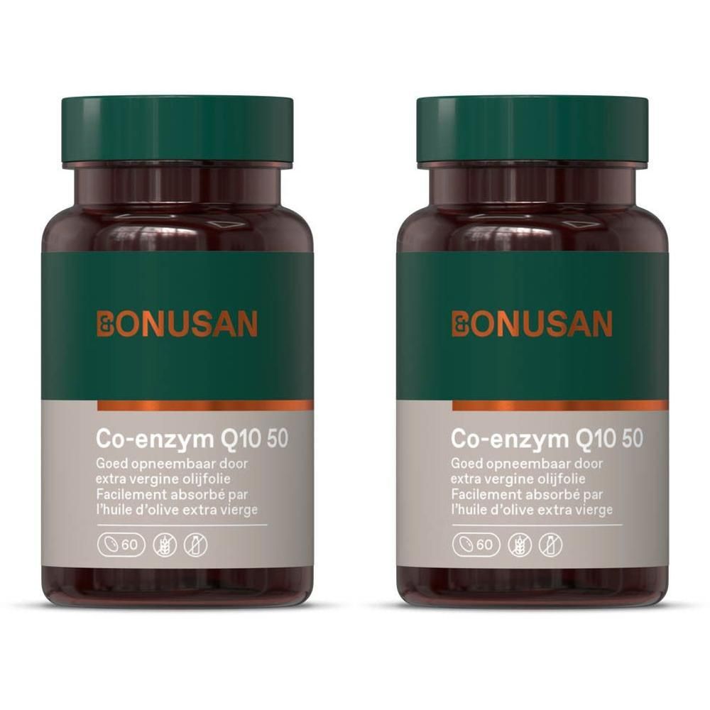 Deux flacons de Bonusan Co-enzyme Q10 50. Flacons bruns avec étiquette et bouchon verts. Inscription : Co-enzyme Q10 50, 60 gélules.