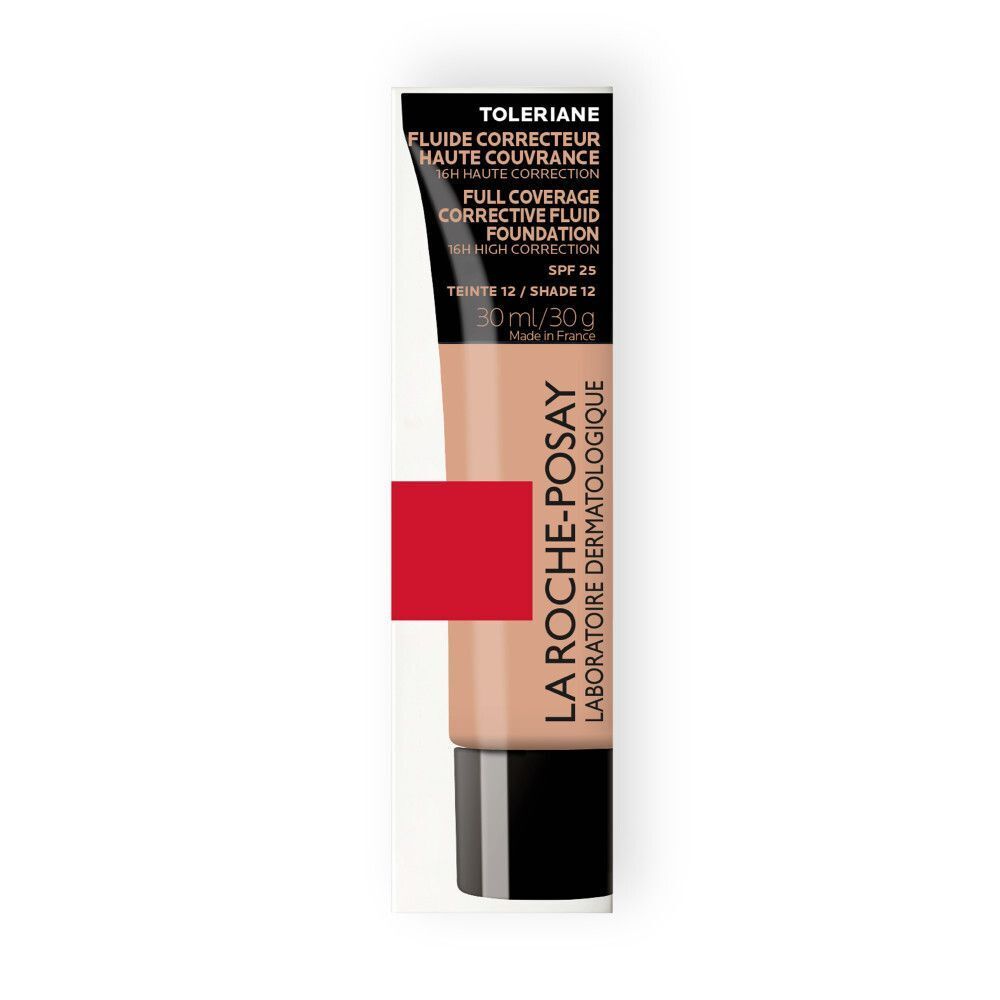 La Roche-Posay Toleriane Fluide Correcteur en tube. Bouchon noir, tube beige avec bande rouge et texte.