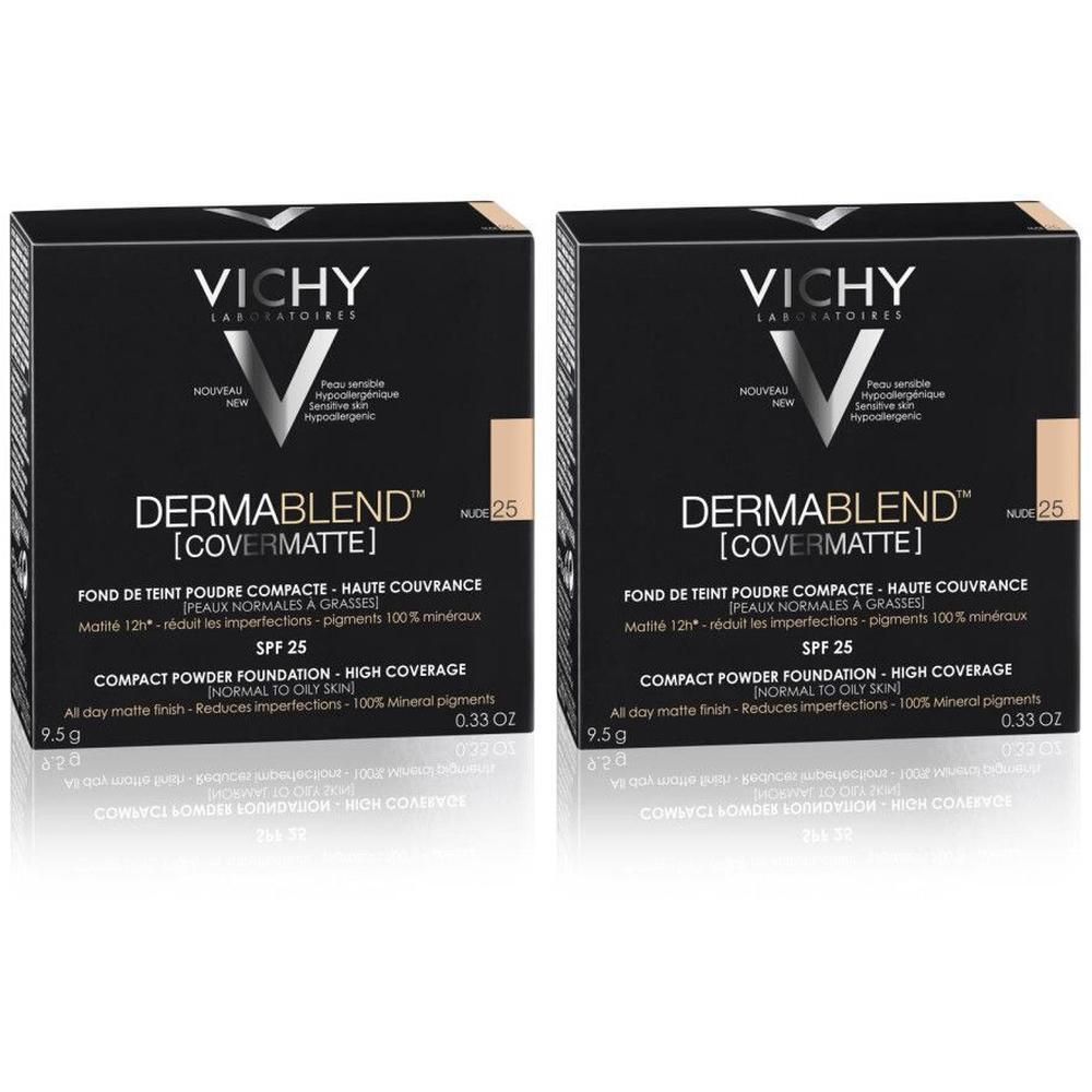 Deux boîtes de poudre compacte Vichy Dermablend Covermatte 25 Nude. Boîtes noires avec nom du produit et teinte.
