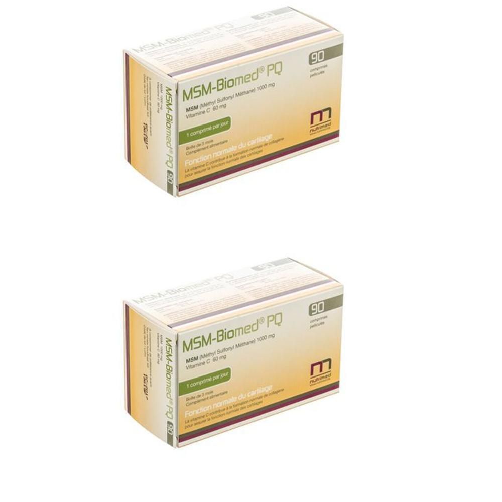 Deux boîtes de MSM-Biomed PQ. Inscription : MSM Methylsulfonylmethane 1000 mg, vitamine C 80 mg. 90 comprimés.