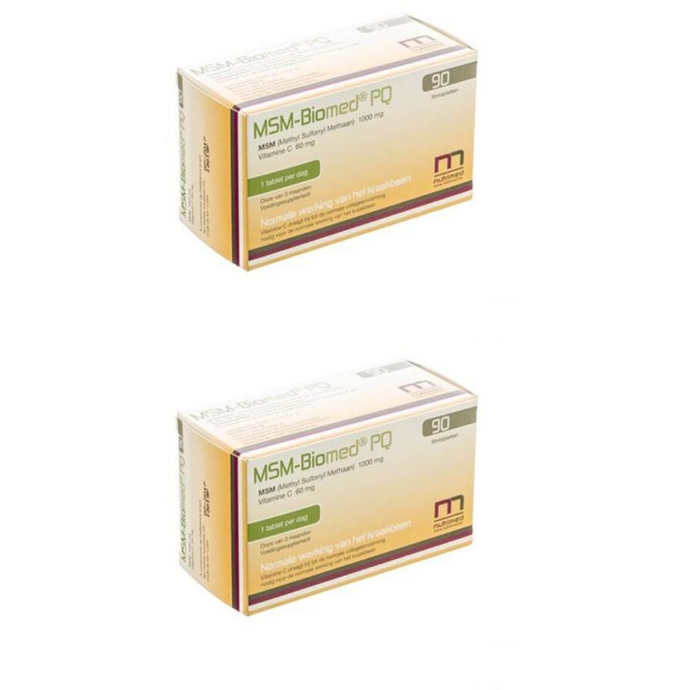 Twee dozen MSM-Biomed PQ. Opschrift: MSM Methylsulfonylmethane 1000 mg, vitamine C 80 mg. 90 tabletten.