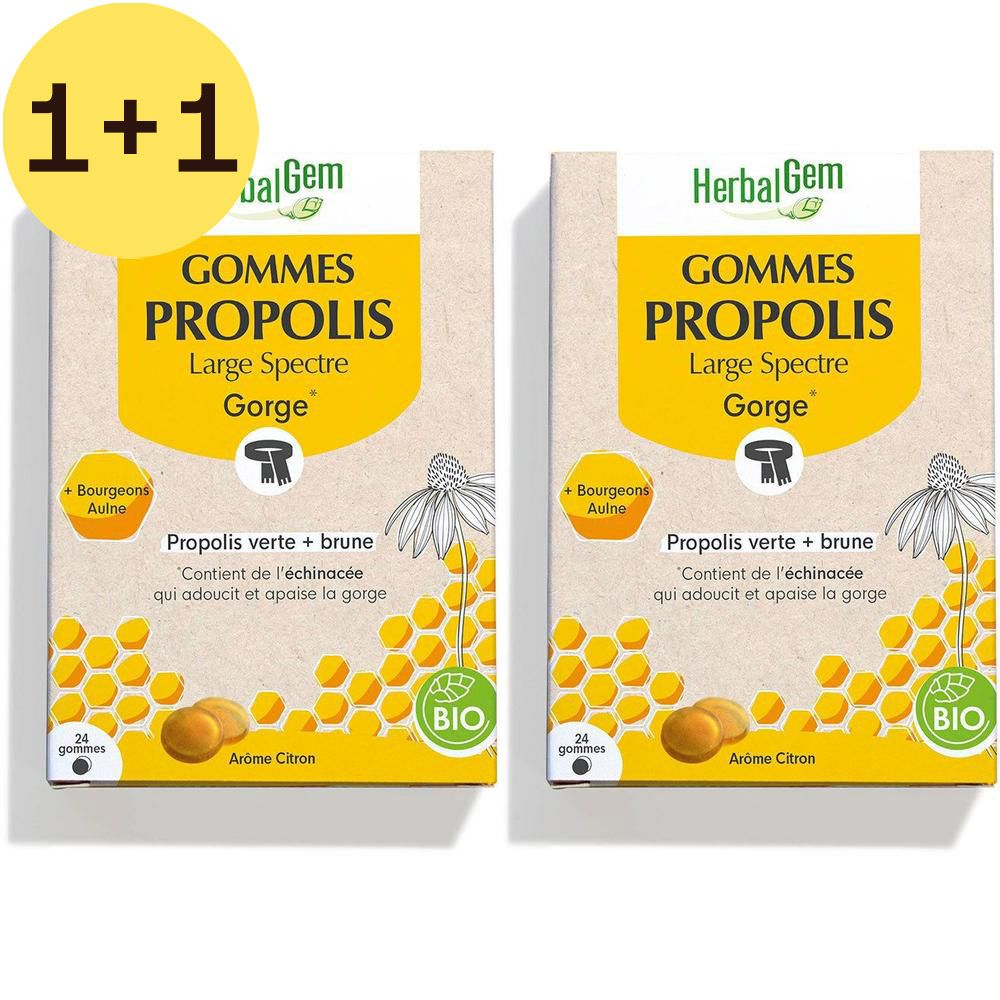 Deux boîtes de HerbalGem Propolis Large Spectre Bio. Emballage jaune avec texte et logo.