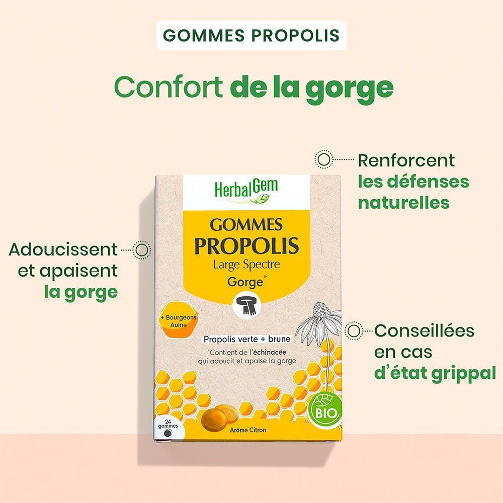 Une boîte de HerbalGem Propolis Large Spectre Bio. Texte sur le confort de la gorge. Emballage jaune.