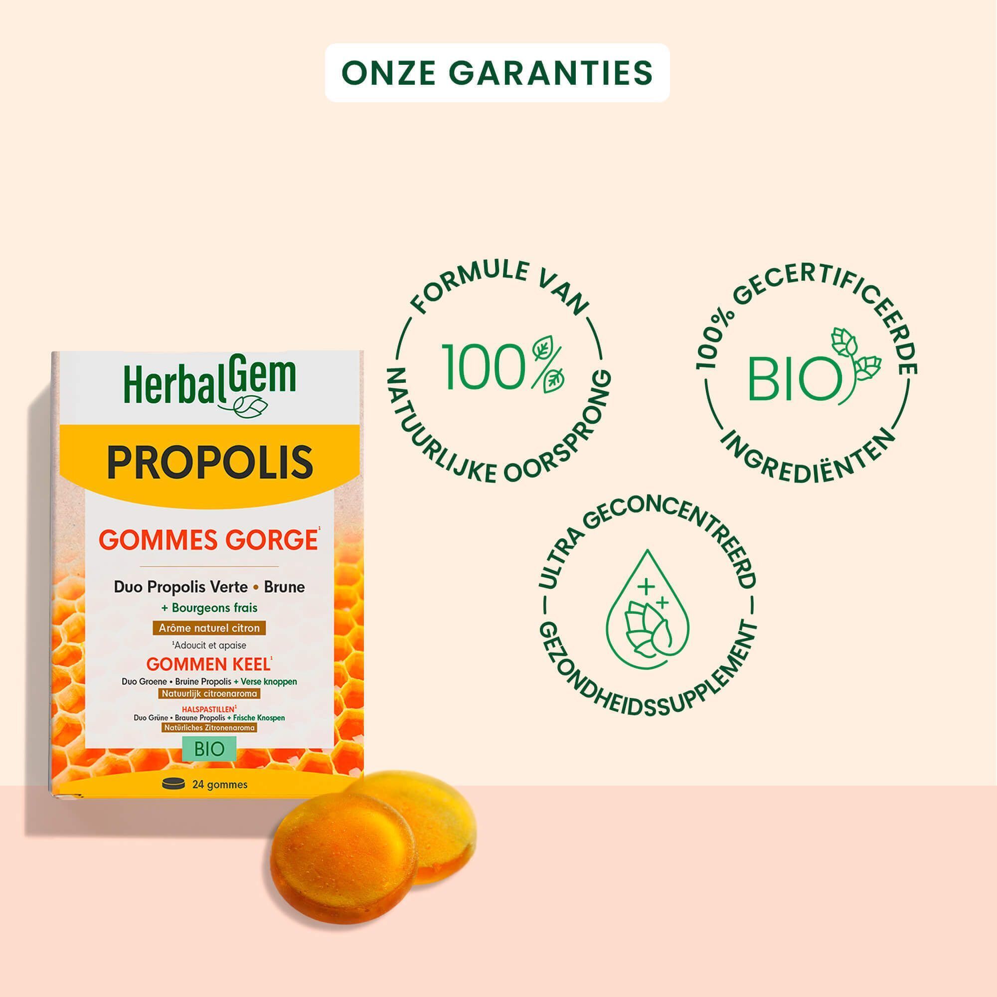HerbalGem Propolis Gommies GORGES. 3 logo's: 100% natuurlijke formule, bio-certificering, ultra-geconcentreerd.