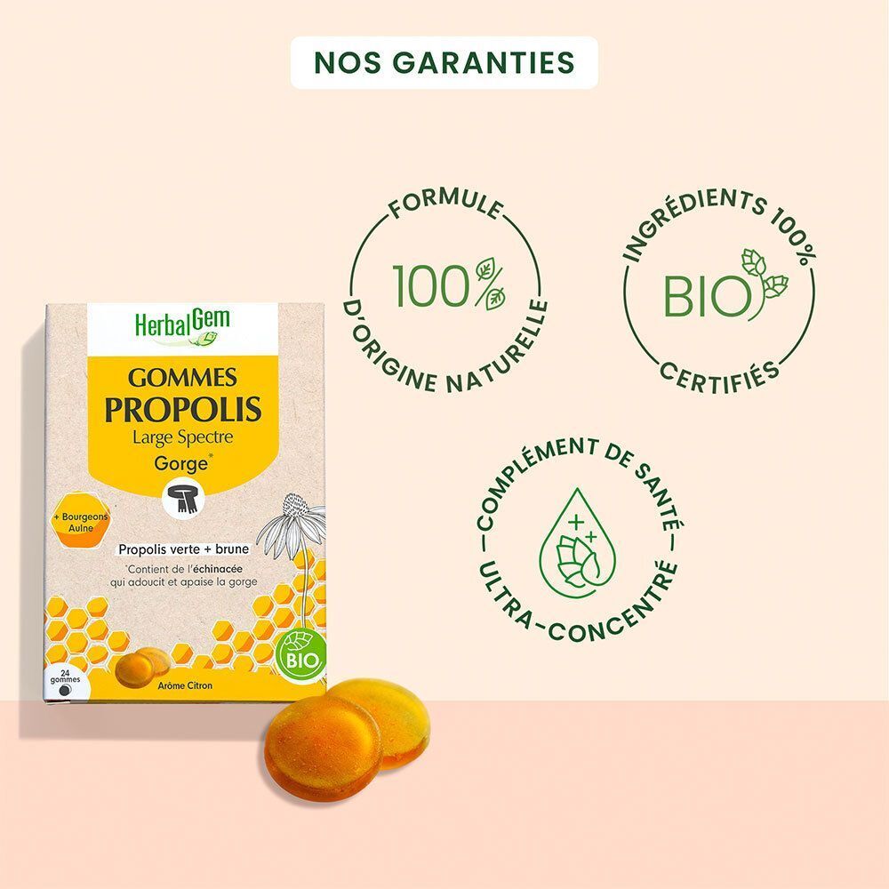 HerbalGem Propolis Large Spectre Bio. 3 logos : formule 100% naturelle, certification bio, ultra-concentré.