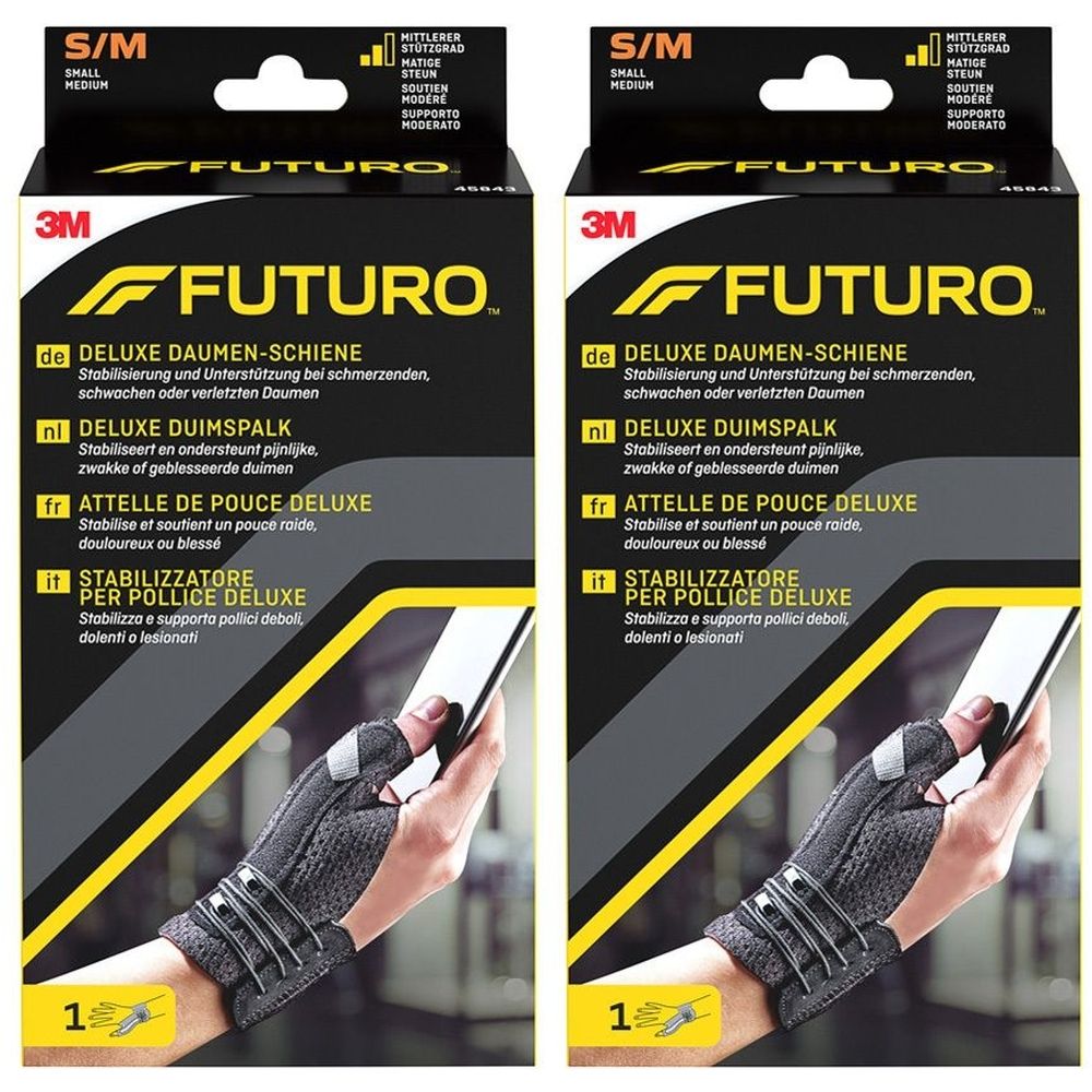 Verpakking FUTURO Deluxe Duimspalk, zwart, S/M. Tekst: Deluxe Duimspalk, stabiliseert en ondersteunt. 3M logo.