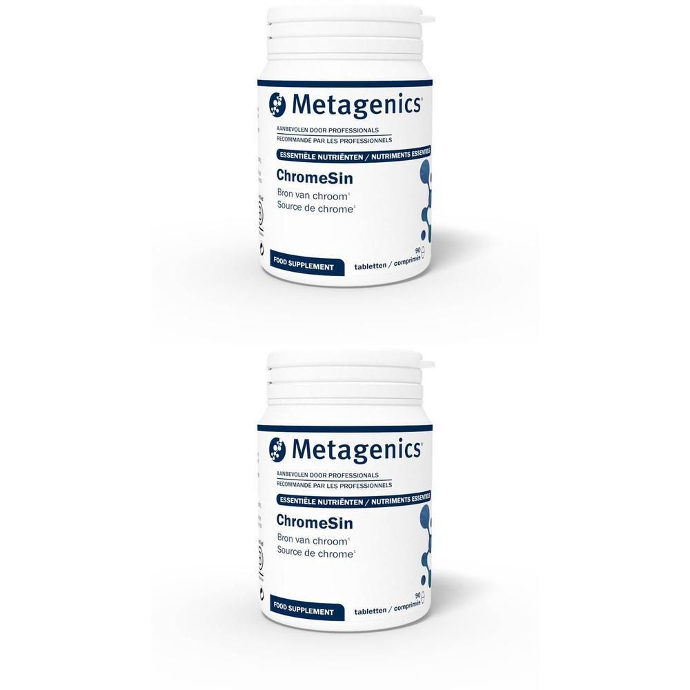 Twee witte flessen met het label Chromesin. Opschrift: Metagenics, voedingssupplement, Chromesin, Source de chrome.
