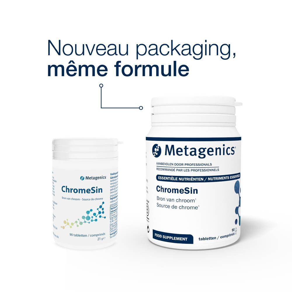 Deux flacons blancs Chromesin. Un petit et un grand. Inscription : Metagenics, Chromesin, Source de chrome. Texte : Nouveau packaging, même formule.