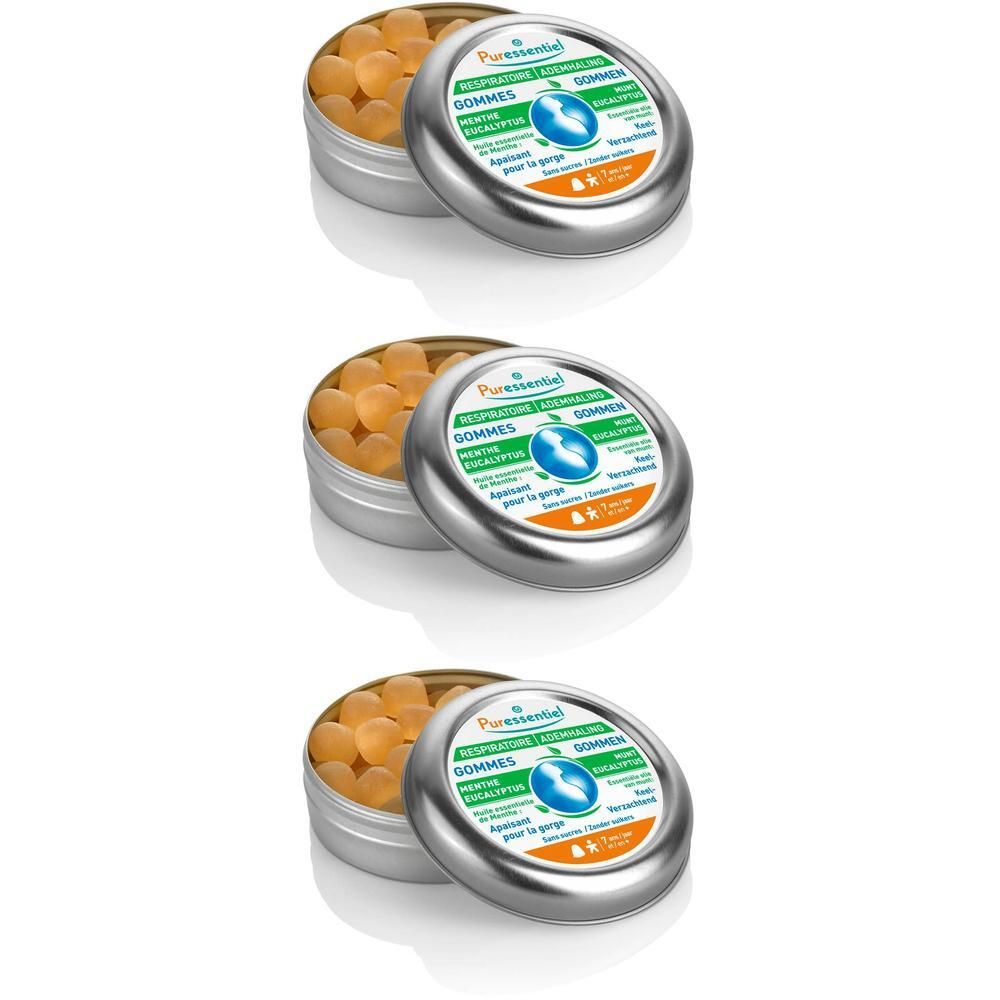 Trois boîtes métalliques argentées avec des gommes jaunes. Sur les couvercles, on lit "Puressentiel Respiration Gommes Adoucissantes".