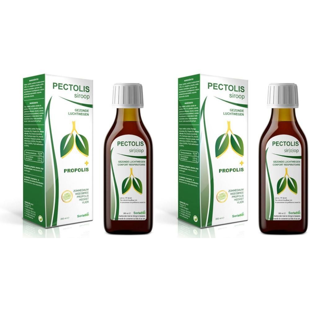 Bruine fles en doos met opschrift Pectolis siroop. Illustratie van bladeren en propolis.