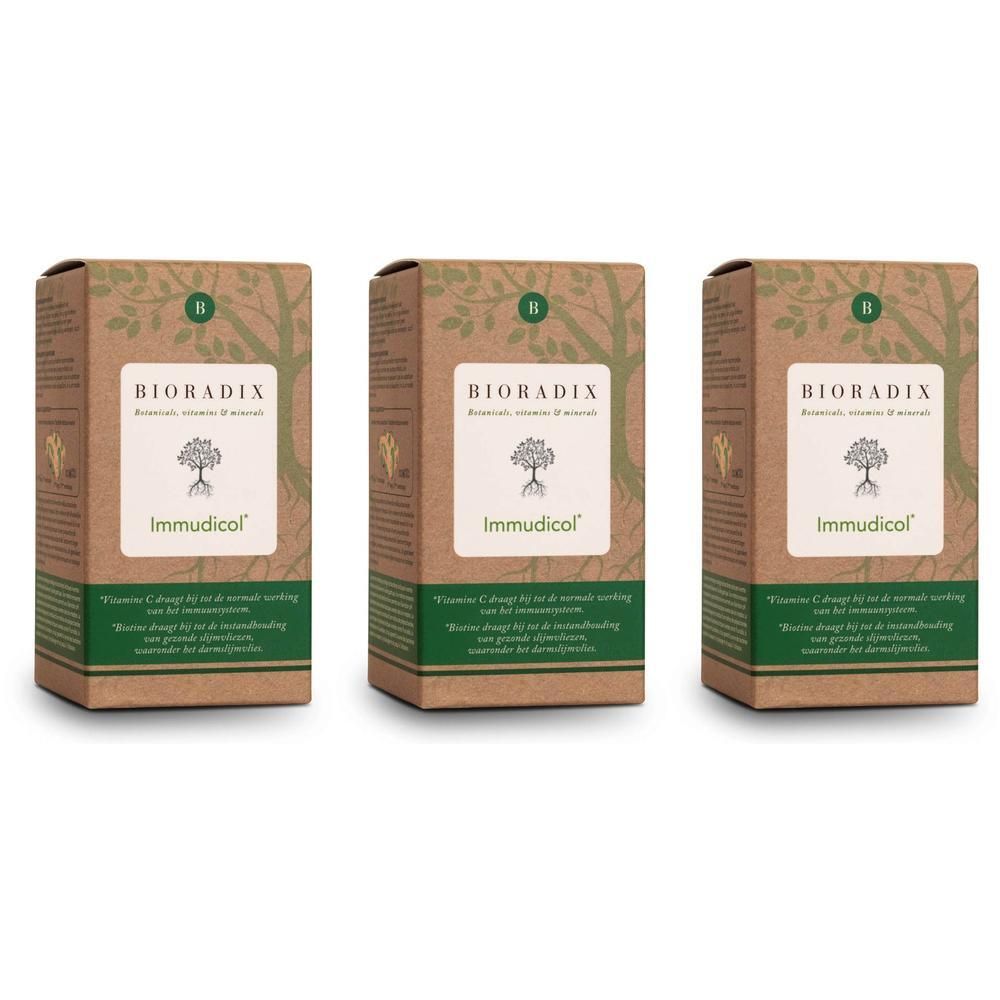 Trois boîtes rectangulaires avec le nom du produit Bioradix Immudicol. Inscription : La vitamine C contribue au fonctionnement normal du système immunitaire.