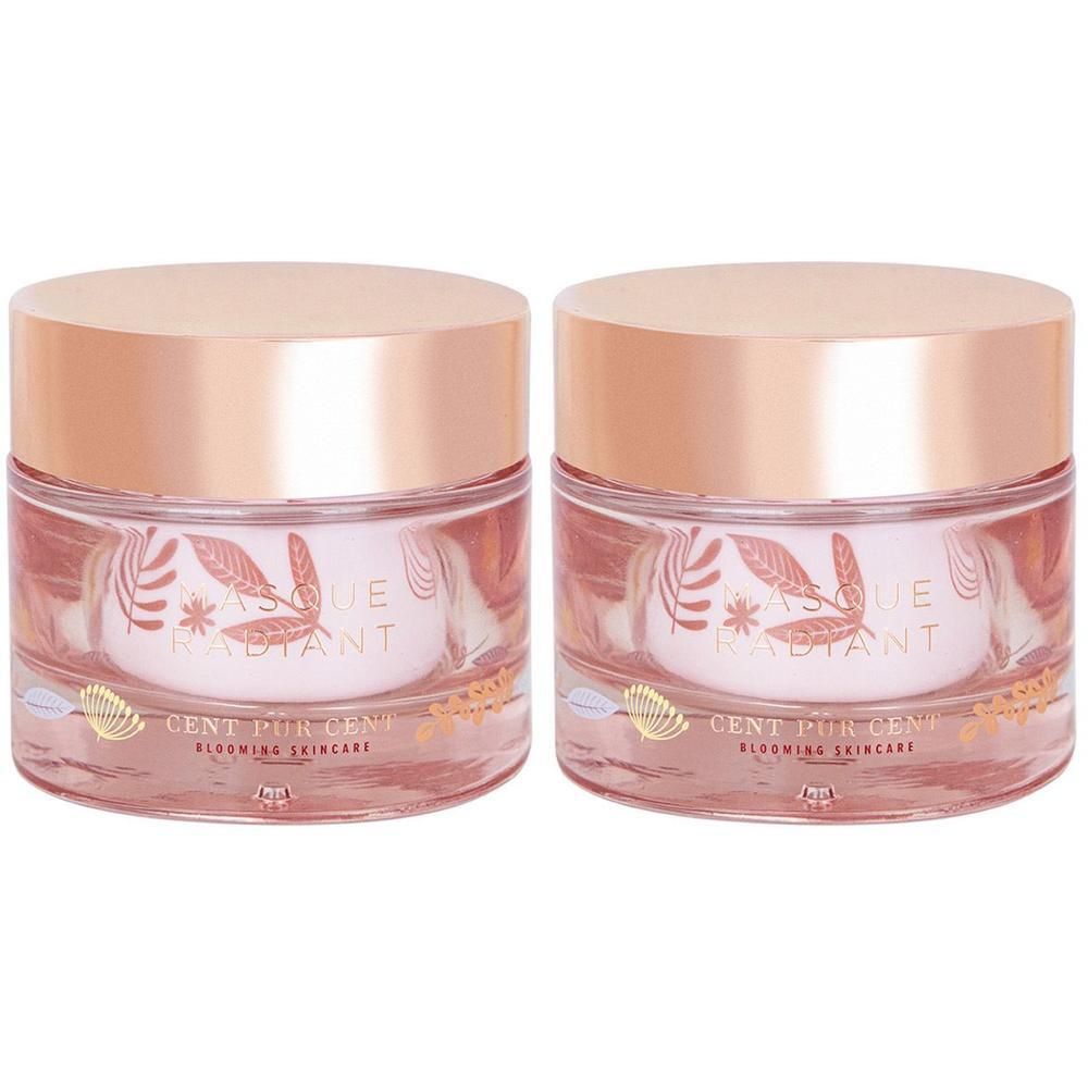 Deux pots roses avec couvercles. On lit "MASQUE RADIANT" et "CENT PUR CENT BLOOMING SKINCARE" sur les pots.