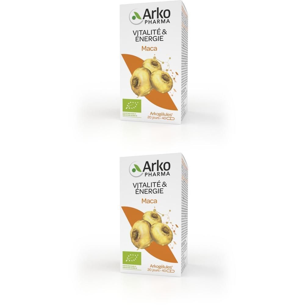 Boîte "Arko Pharma Vitalité & Energie Maca". Illustration de tubercules de maca. Certification bio.