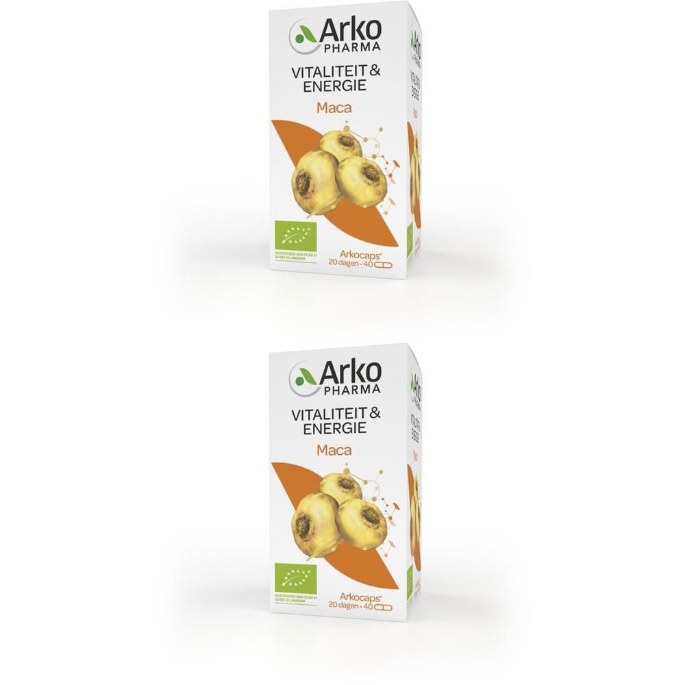 Doosje met "Arko Pharma Vitalité & Energie Maca". Illustratie van maca-knollen. Bio-certificering.