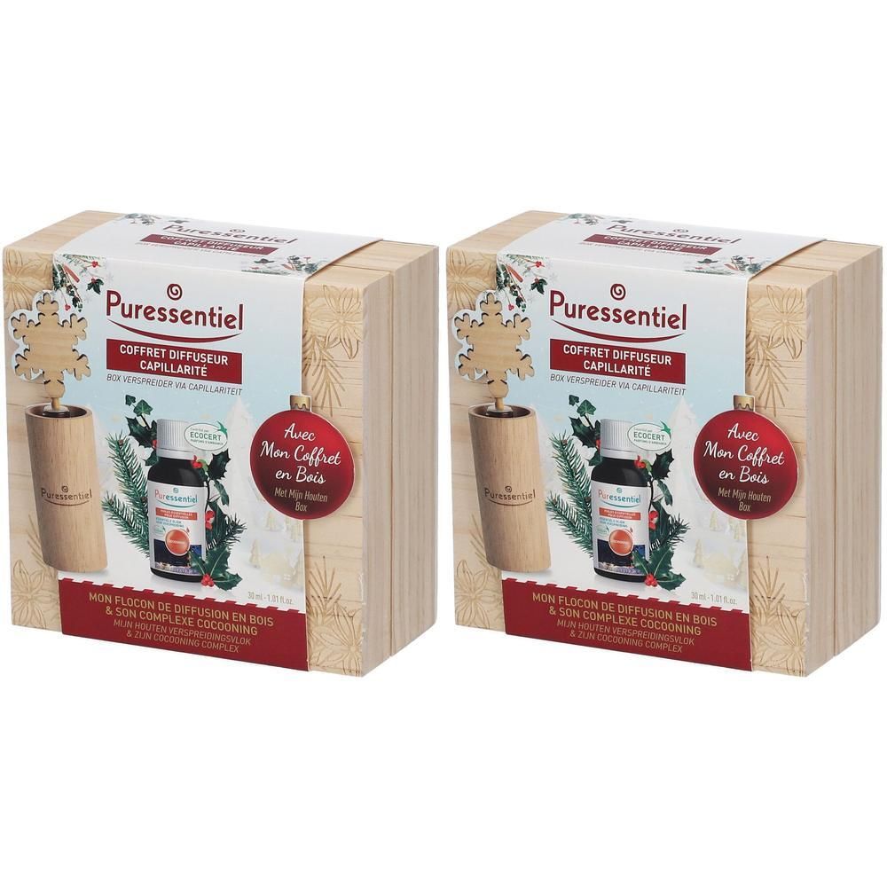 Twee geschenksets met houten diffuser. Elke set bevat een flesje en een diffuser. Opschrift: Puressentiel, Coffret Diffuseur Capillarité.