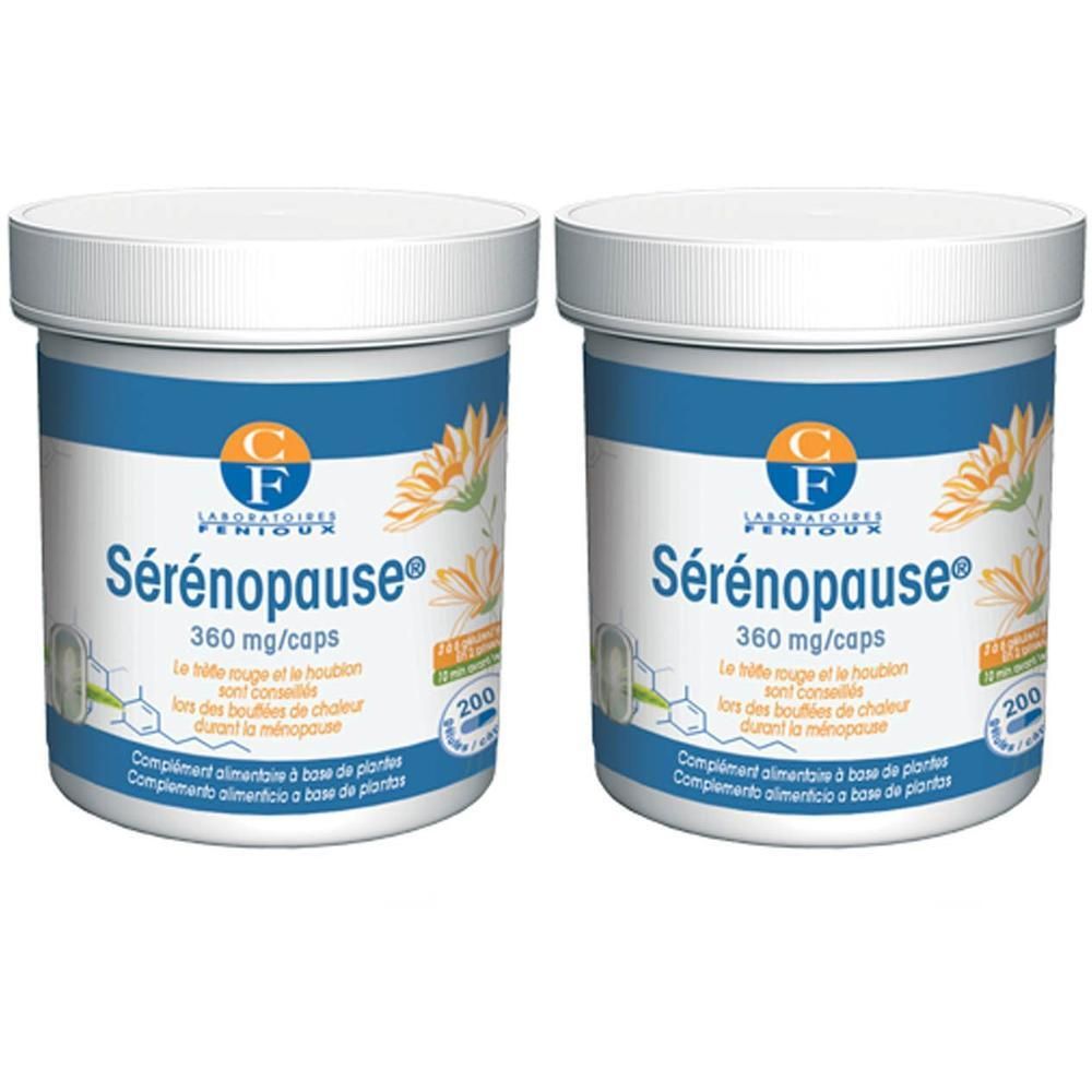 Deux boîtes blanches avec étiquette bleue. Sérénopause®, 360 mg/caps. 200 capsules. Complément alimentaire à base de plantes.