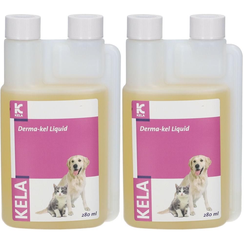 Twee flessen Derma-kel Liquid. Op het etiket staan een hond en een kat afgebeeld. De flessen hebben een witte dop en bevatten een gelige vloeistof.