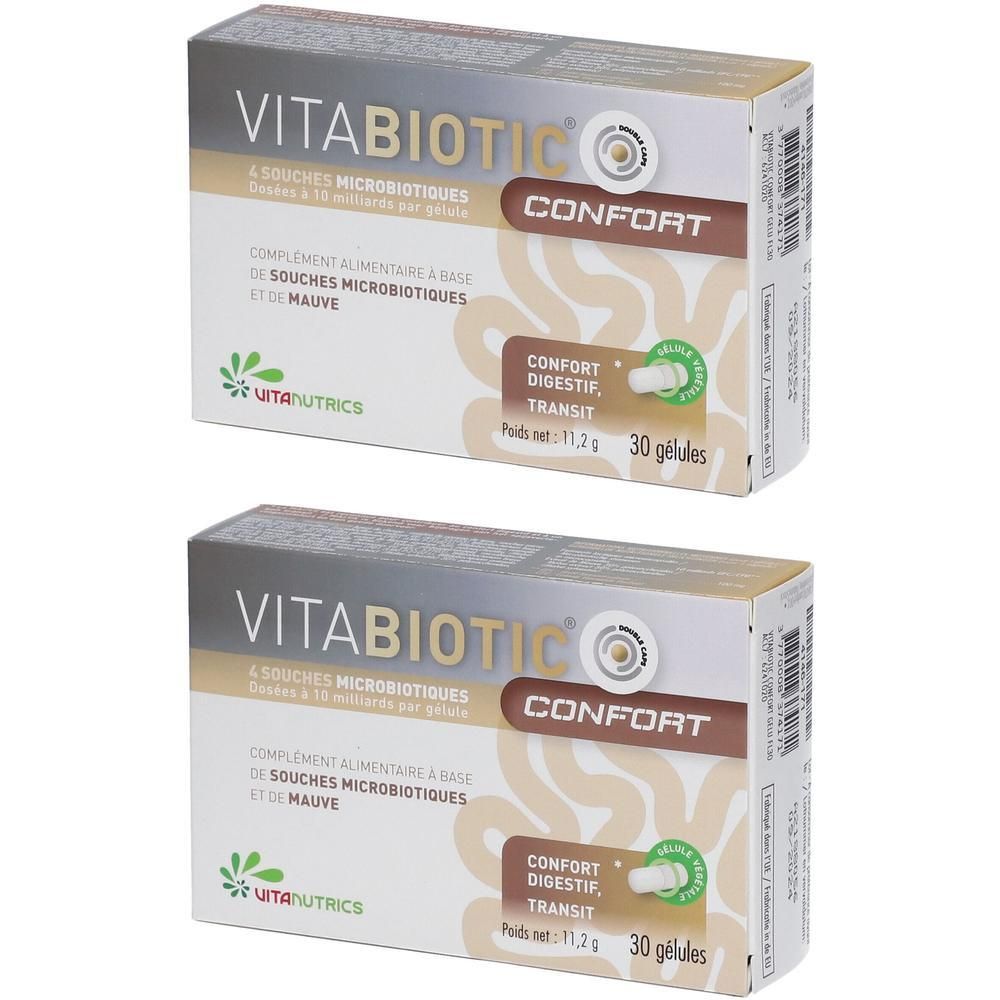 Twee dozen Vitabiotic® Confort. Opschrift: 6 Souches Microbiotiques, Confort Digestif, Transit. 30 capsules.