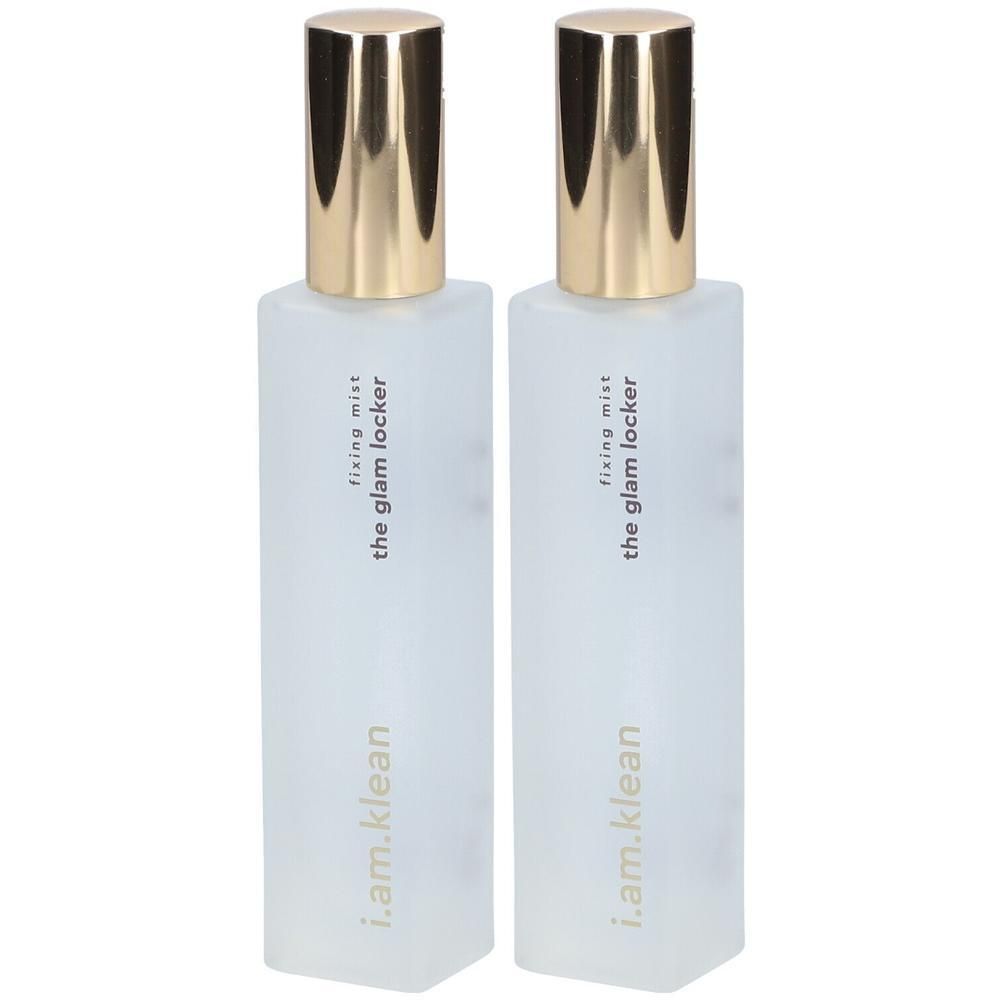Twee spuitflessen met gouden doppen. Opschrift: fixing mist the glam locker, i.am.klean.
