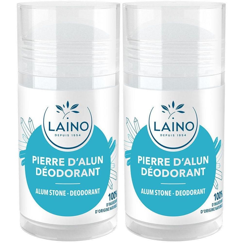 Deux roll-on déodorants. Étiquettes bleues avec texte blanc: LAINO, Pierre d'Alun Déodorant, Alum Stone. Bouchons transparents.