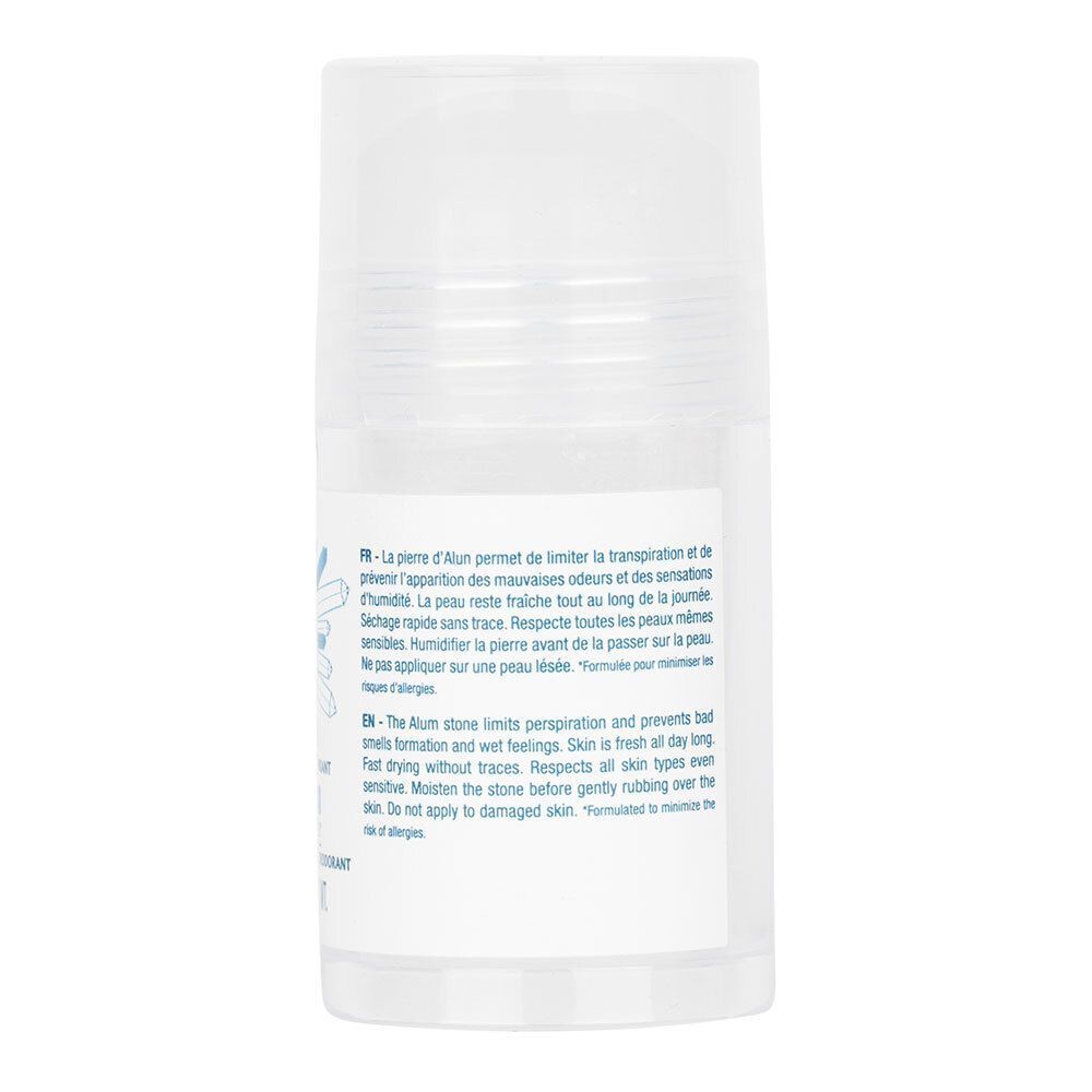 Roll-on déodorant, vue arrière. Texte en français et anglais. Emballage transparent.